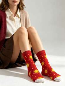 5 Pairs Sun Pattern Mid-Calf Socks - Colorful Cartoon Design, Fashionable Women's Socks, Cute Socks, Suitable For Autumn/Winter Wear - Multicolor - View 3