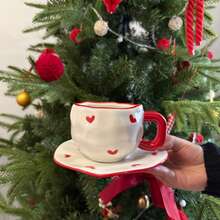 Cute Hand-Painted Ceramic Mug And Saucer Set, Coffee Cup, Home/Office Tea Cup, Suitable For Juice, Milk, Coffee - Birthday And Holiday Gift, Gift For Family, Gift For Him, Ceramic Coffee Cup Set - Red - View 10