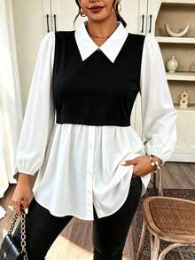 Women's Plus Size Autumn Fashion Lapel 2 In 1 Button Shirt, Contrast Color Vest Style, Puff Sleeves - Black - View 2