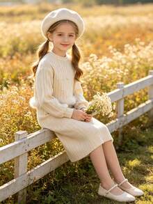 2pcs/Set Girls Autumn/Winter Fashion Elegant Knit Ribbed Patchwork Ribbed Pearl Decor Inner Layer Knee-Length Spaghetti Strap Dress - Apricot - View 4