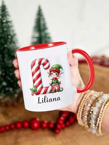 Customizable Ceramic Mug With Christmas Elf Initial, Personalized Text Ceramic Mug, Custom Christmas Gift And Holiday Hot Drink Cup, Christmas Party Decoration And Unique Souvenir, Cute Holiday Cartoon Christmas Mug - Multicolor - View 5