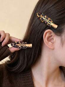 4/2pcs Minimalist Versatile Elegant Coffee Color Leopard Print Seamless Duckbill Hair Clips - Multicolor - View 3