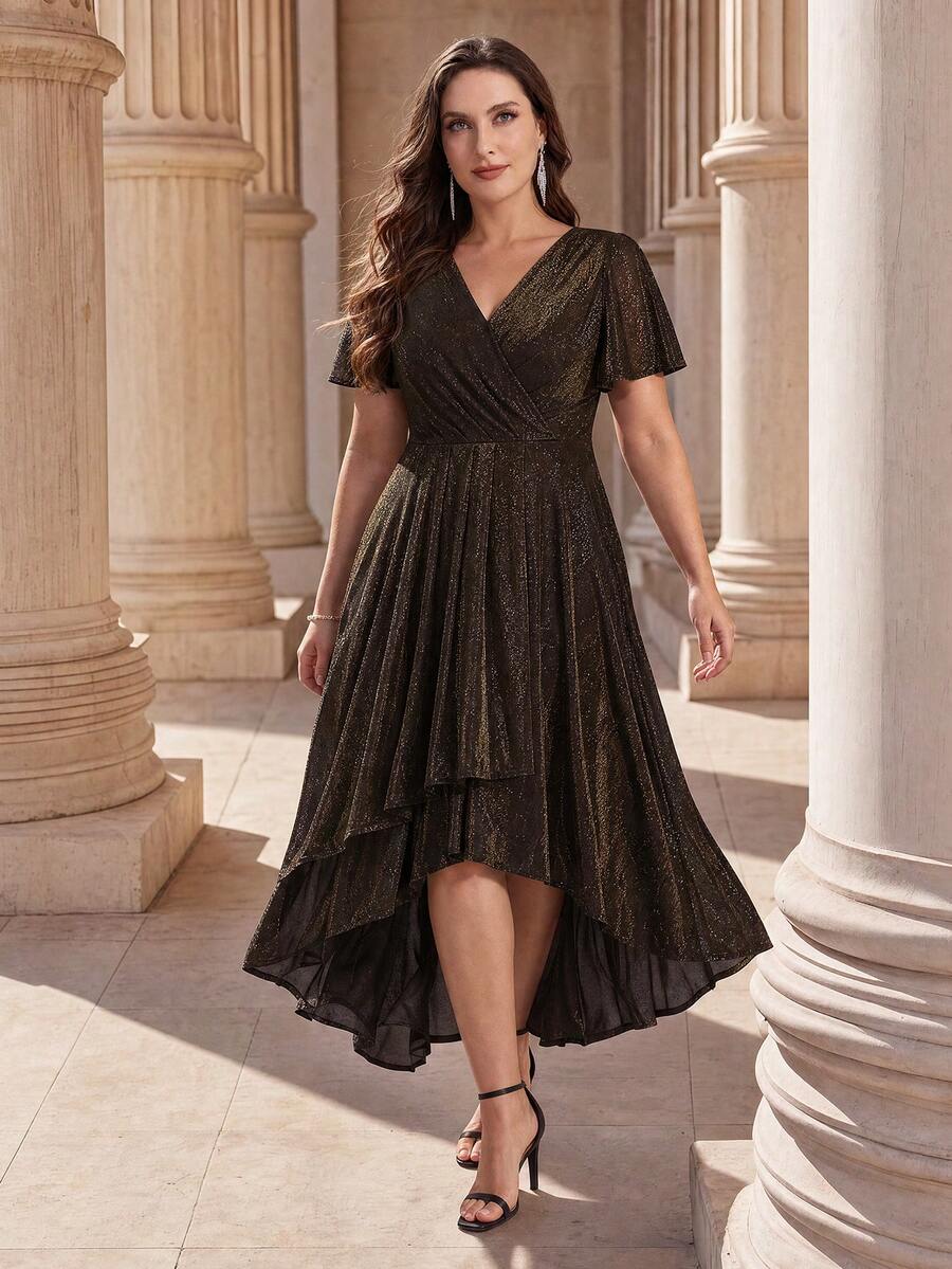 EVERPRETTY Elegant Plus Size V-Neck Midi Formal Dress, Ruffle Short Sleeve And High-Low Hem, Made Of Luxurious Woven Fabric, Suitable For Evening Occasions - Brown - View 1