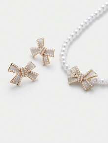Sorayune 3pcs Set Exquisite Faux Pearl Bow Necklace & Earrings, Exclusive Design For Women - Beige - View 6