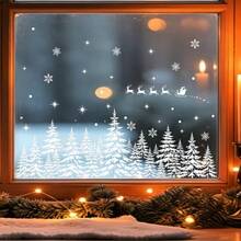 2Pcs/1pc Christmas Static Window Clings,Snowy Pine Forest & Snowflake Window Stickers,Winter Forest Scene Glass Decor,Suitable For Home,Shop - Multicolor - View 5