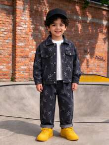 2pcs/Set Young Boys Denim Jacket And Pants Set, Suitable For Casual Wear, School, Outdoor Activities - Grey - View 7