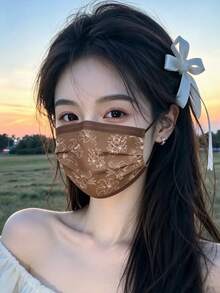 10pcs New Old Money Style Contrast Color Disposable Face Masks, 3-Layer Protective Printed Masks, Highly Attractive Flattering Skin Tone, Unique Design, Individually Wrapped, Maillard Retro Style Adult Fashion Face Cover, Outdoor Commute Travel Accessory, Practical Holiday Gift For Halloween, Thanksgiving, Christmas - Multicolor - View 6