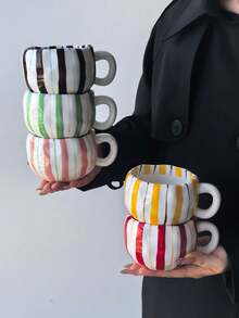1pc Classic Multicolor Vertical Striped Cup, Cute Handmade Ceramic Coffee Cup, Colorful Striped Coffee Cup For Afternoon Tea - Single Cup - View 13