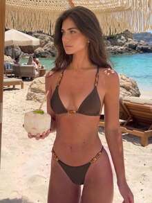 Bikinx Elegant Women's Spaghetti Strap Bikini Set, With Beaded Details And Tie-Up Bottom, High Elasticity Backless Swimsuit - Coffee Brown - View 2
