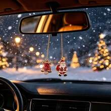 1pc Christmas Car Interior Rearview Mirror Hanging Ornament, Santa Claus & Bell Pendant With Classic Chain, Fashionable Car Christmas Holiday Decor Gift Accessory - Rearview Mirror Hanging Ornament - View 3