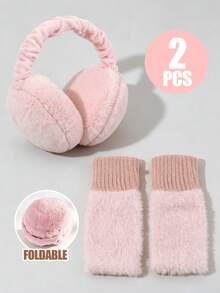 1Set Teen Girls Soft Plush Winter Accessory Set, Foldable Fluffy Earmuffs & Ribbed Knit Fingerless Gloves For Daily School Outdoor And Holiday Gifts - Earmuffs + Gloves - View 8