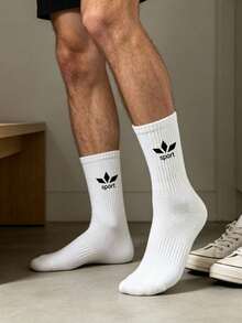 1/5 Pairs Unisex White Solid Color Sports Socks, Comfortable Breathable Sweat-Absorbing Mid-Calf Socks, Couple Socks, Autumn/Winter Socks, Suitable For Daily Wear, Sports, Back To School, All Seasons - White - View 6
