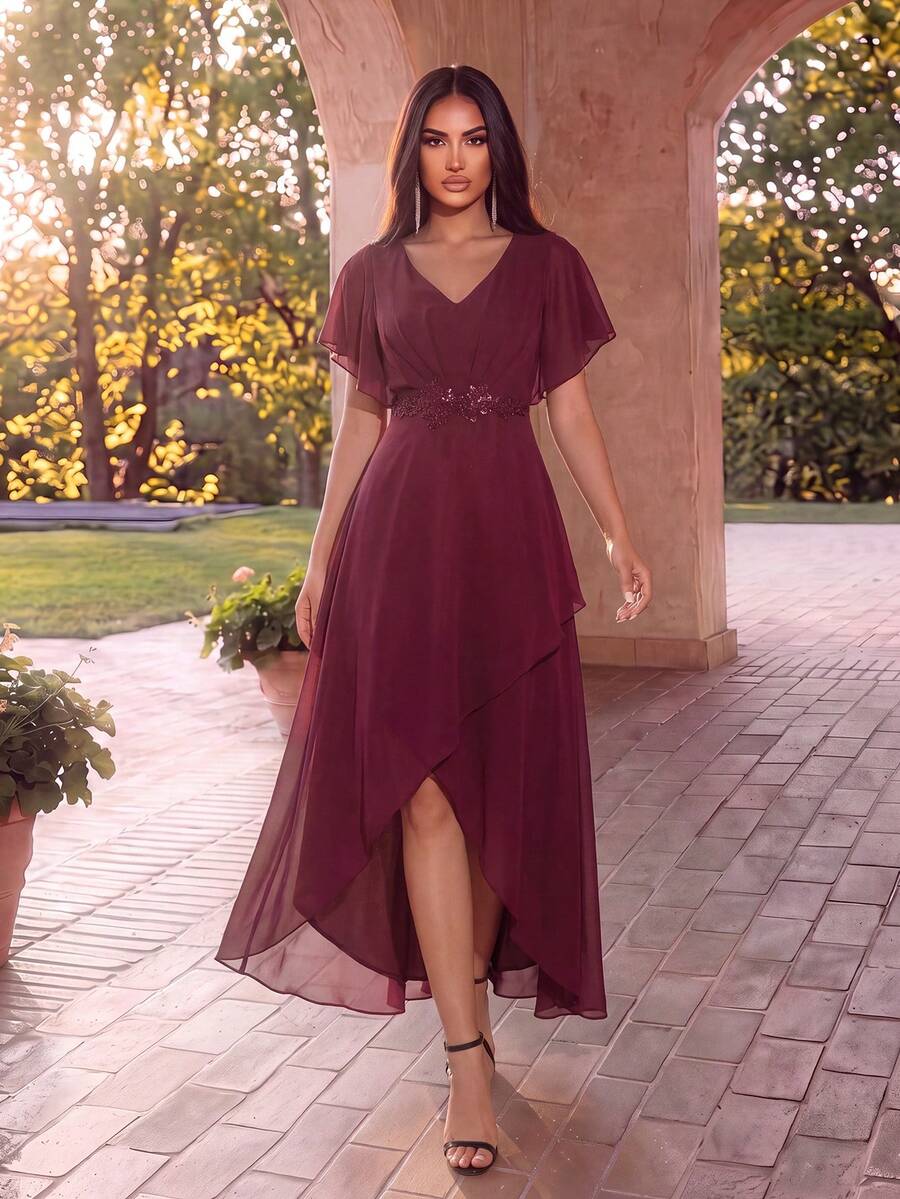V-Neck Batwing Sleeve Slit Mother Of The Bride Formal Dress, Elegant Wedding Gown Spring Fall - Burgundy - View 1