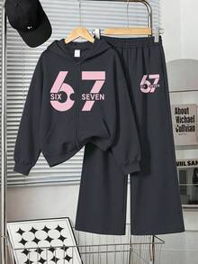 2件組女童連帽拉鍊外套，印花數字67，搭配簡約休閒寬腿褲，舒適秋冬新款套裝 - 深灰色 - 查看 1