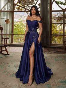 ADYCE Elegant Luxury Waisted Backless Bodycon TieBack Sequin Beaded High-Slit Fishbone Train Gown Prom Gown Homecoming Wedding Guest Formal Dinner Christmas - Navy Blue - View 5
