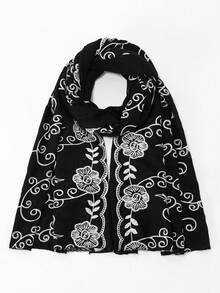 1件女款純色時尚刺繡圍巾頭巾，對比刺繡設計，優雅實用，適合日常休閒穿著，四季皆宜 - 刺繡蕾絲黑色 - 查看 5