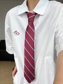 1件男士紅色條紋聚酯纖維領帶，學院風學生制服襯衫搭配裝飾手打結設計 - 紅藍白條紋手工編織 - 查看 1