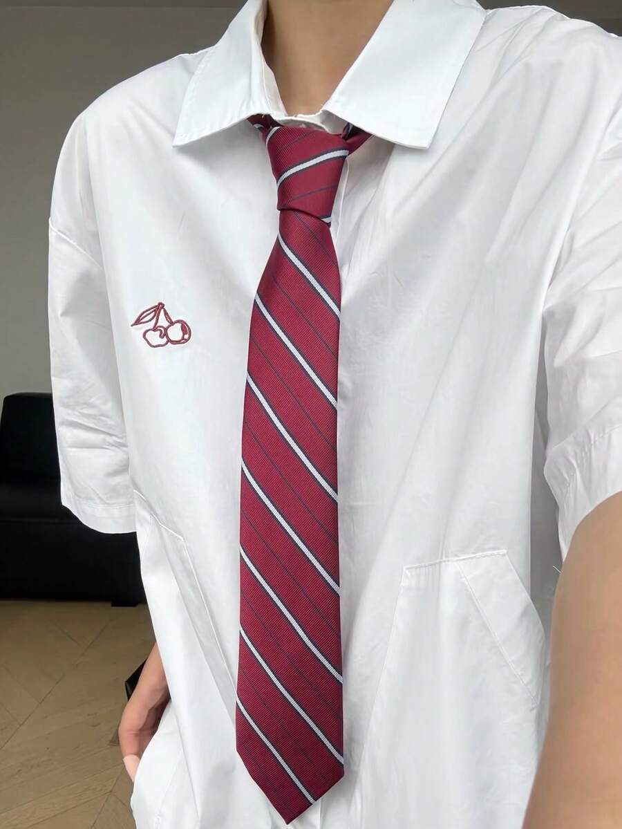 1件男士紅色條紋聚酯纖維領帶,學院風學生制服襯衫搭配裝飾手打結設計 - 紅藍白條紋手工編織 - 查看 1
