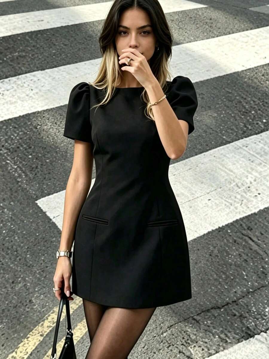 DEEKA 春夏新款女式歐美風時尚優雅百褶口袋收腰短洋裝，黑色