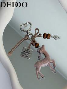 Dedoo Deer Keychain Charm, Plush Wooden Beads, Heart Metal Ring Leaf Charm Rope, Key Holder, Cute Fresh, Birthday Gift Women Charm - Khaki - View 7