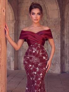 Women's Elegant Burgundy Sequin Formal Gown, Cold Shoulder Long Mermaid Skirt With Cold Shoulder Design And Shiny Sequin Pattern, Suitable For Balls And Evening Parties - Burgundy - View 3