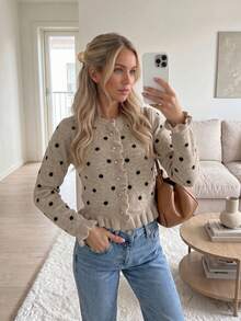 Women's Autumn/Winter Polka Dot Ruffle Knit Cardigan, Casual Daily Long Sleeve Vacation Outfit, Fashion Slim Fit Top - Multicolor - View 3