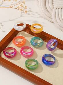 Y2K Iridescent Glossy Resin Ring Set, Colorful Aurora Wide Band Rings For Layering, Party Accessories - Multicolor - View 3