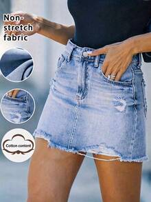 Women's Pockets Distressed Frayed Hem Fashionable Denim Mini Skirt Casual Summer - Blue - View 2
