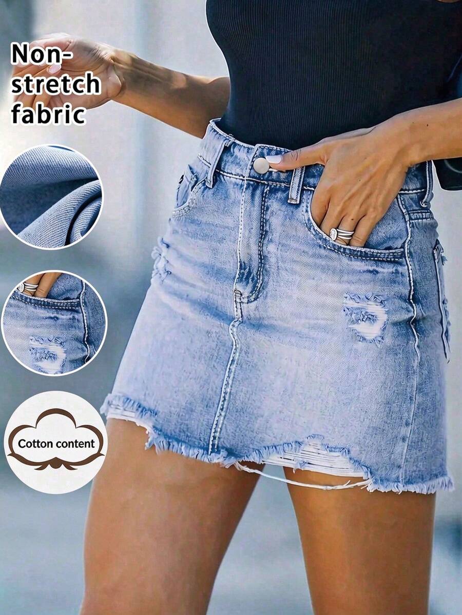Women's Pockets Distressed Frayed Hem Fashionable Denim Mini Skirt Casual Summer