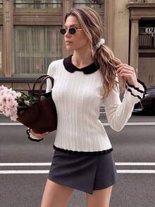 Black & White Contrast Color Small Lapel Ribbed Knit Slim Fit Waist Hollow Out Detail Ruffle Flare Long Sleeve Base Layer Top For Women - White - View 1