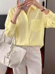 Vellofy Women's Autumn/Winter Yellow Striped Collared Button-Up Cardigan Long Sleeve Loose Shirt With Pockets, Suitable For Home Leisure, Daily Dating, Gatherings - Yellow - View 8