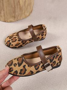 Shu Rui Fashion Girls Leopard Print Mary Jane Shoes, Contrast Color Versatile Flat Shoes, Suitable For Children's Party And Daily Wear - Mocha Brown - View 1