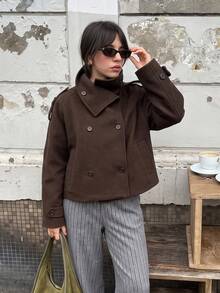 Women's Brown Short Woven Lapel Coat, Long Raglan Sleeves, Front Button Design, Suitable For Winter. Women's Brown Double-Breasted Lapel Raglan Long Sleeve Coat, Autumn/Winter Woven Fabric Regular Fit Button Jacket. - Chocolate Brown - View 3