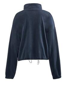 Chaqueta corta de mujer para otoño/invierno con cuello de forro polar, cremallera y cordón, estilo deportivo - Azul Marino - Ver 7