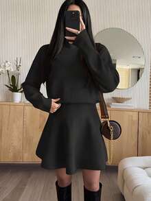 PoPoHouse Autumn/Winter Women's Faux Collar Long Sleeve Knit Dress, Gentle Elegant High Waist A-Line Short Style, Suitable For Daily Commute - Black - View 4