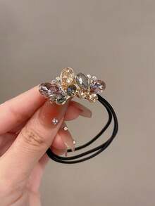 2pcs Butterfly Hair Scrunchies, Crystal Decorated Elastic Hairbands, Sweet Elegant Hair Accessories, Black Rhinestone Ponytail Hair Ties, For Women Daily Wear - Multicolor - View 6
