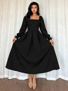 Women's Formal Square Neck Midi Dress, Long Pleated Ruffle Sleeves, Flared A-Line Non-Stretch Woven Fabric - Black - View 3