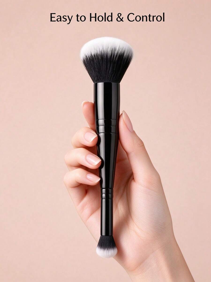 1pc Dual-Ended Professional Makeup Brush, Large Head Foundation & Blush Brush + Small Head Concealer & Contour Brush, Soft Synthetic Bristles, Portable Face Makeup Tool - Black - View 1