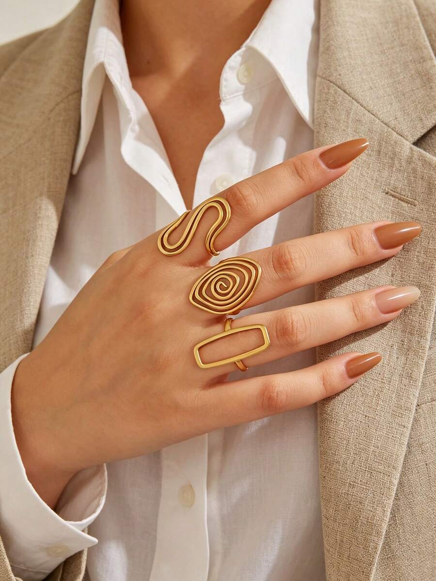 3pcs Stainless Steel Gold Fashion Personalized Minimalist Elegant Geometric Oval Line Ring Set Suitable For Women Daily Holiday Wear - Multicolor - View 1