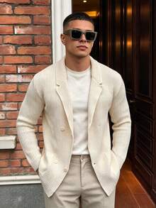WAIT HIM Men's Casual Shawl Collar Double-Breasted Cardigan - Beige - View 1