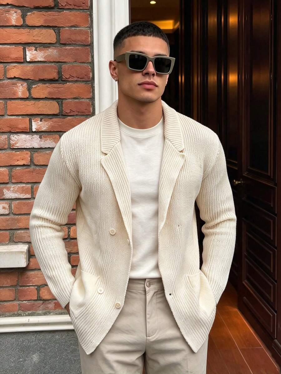 WAIT HIM Men's Casual Shawl Collar Double-Breasted Cardigan - Beige - View 1