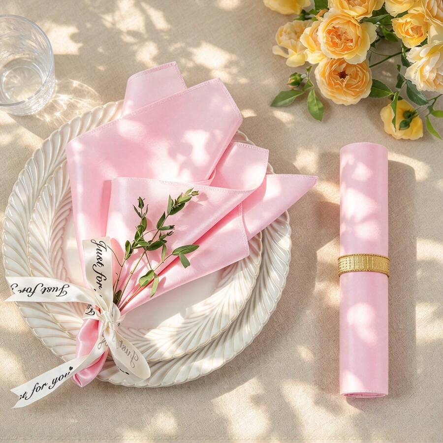 1/2/6pcs Premium Solid Color Satin Napkins, Hotel Banquet Wedding Table Setting, Home Afternoon Tea Atmosphere Tablecloth - Pink - View 1