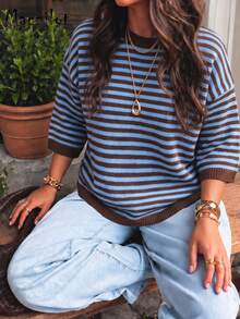 Plus Size Women's Autumn/Winter Striped Colorblock 3/4 Sleeve Pullover Sweater, Casual Commute Date Outfit - Multicolor - View 1