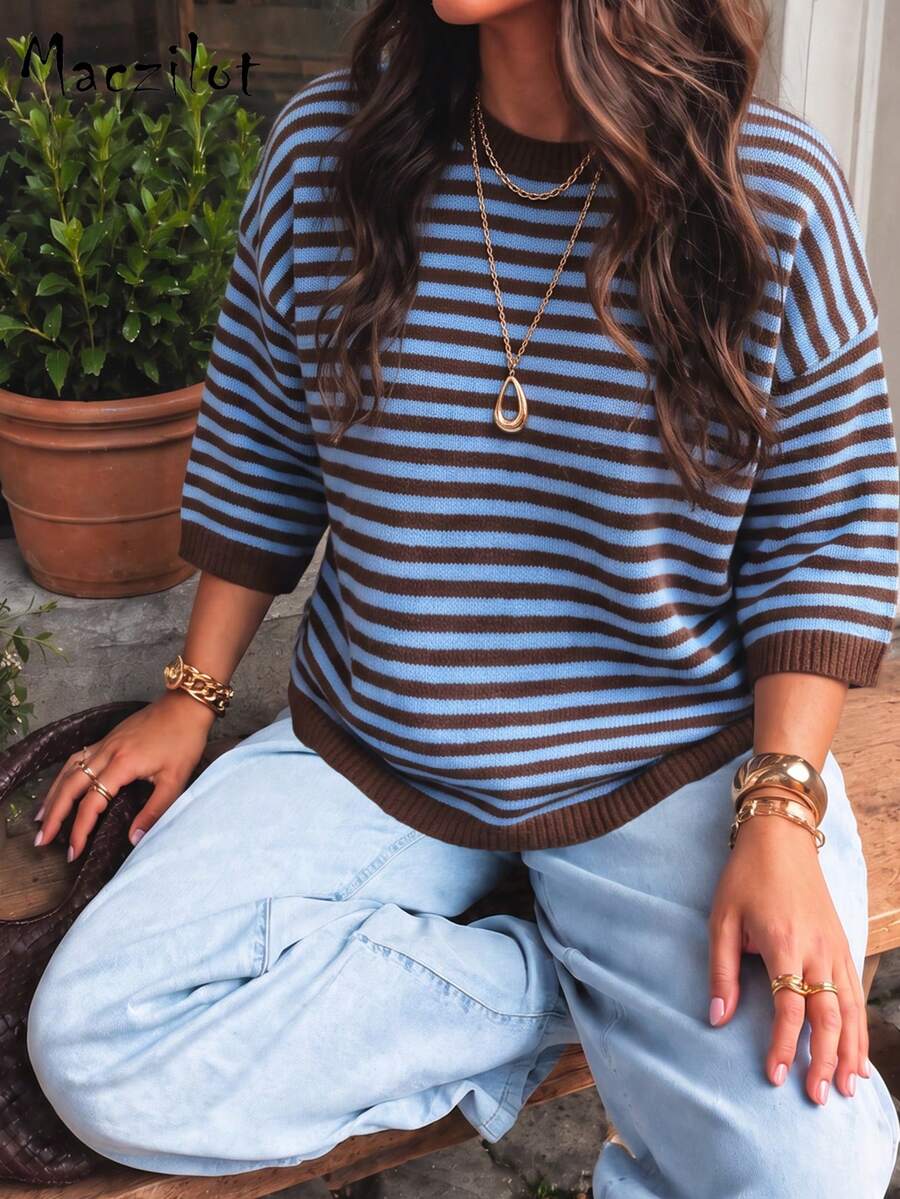 Plus Size Women's Autumn/Winter Striped Colorblock 3/4 Sleeve Pullover Sweater, Casual Commute Date Outfit - Multicolor - View 1