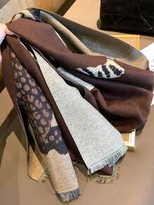 1pc Maillard Brown Tone Tiger & Leopard Pattern Jacquard Scarf, Reversible, Warm Autumn/Winter Atmosphere Large Shawl Neck Warmer - Coffee Brown - View 5