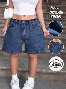 Plus Size Women's Solid Color Bermuda Denim Shorts Casual Summer - Dark Wash - View 2