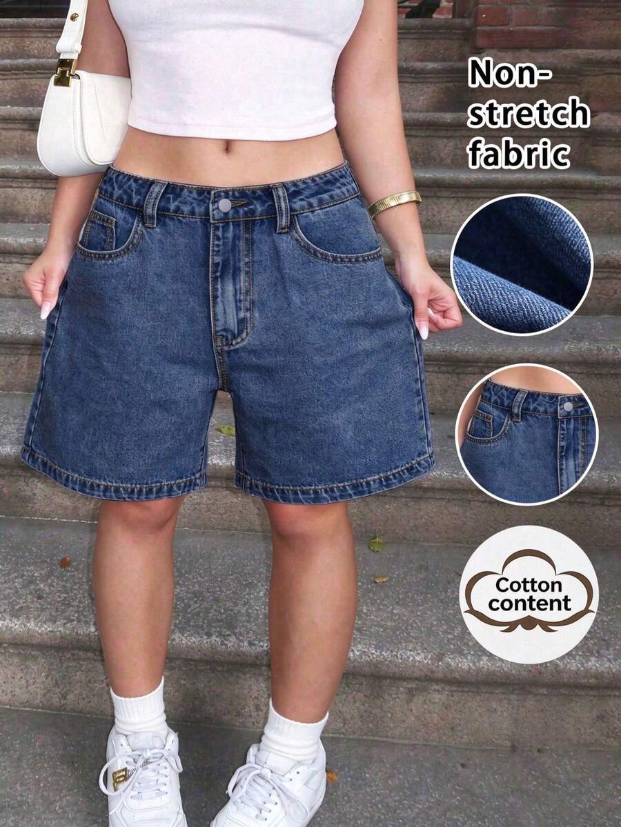 Plus Size Women's Solid Color Bermuda Denim Shorts Casual Summer