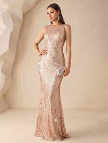 XUCTHHC Elegant Gold Sleeveless High Elasticity Geometric Sequin Mermaid Formal Evening Gown, Wedding Guest Dinner Cocktail Party Dress, Autumn - Gold - View 2