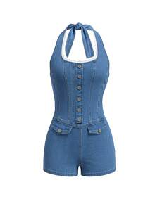 Casual Countryside Chic Sexy Button Decor, Lace Patchwork Halter Neck Medium Wash Denim Jumpsuit Summer - Dark Wash - View 10