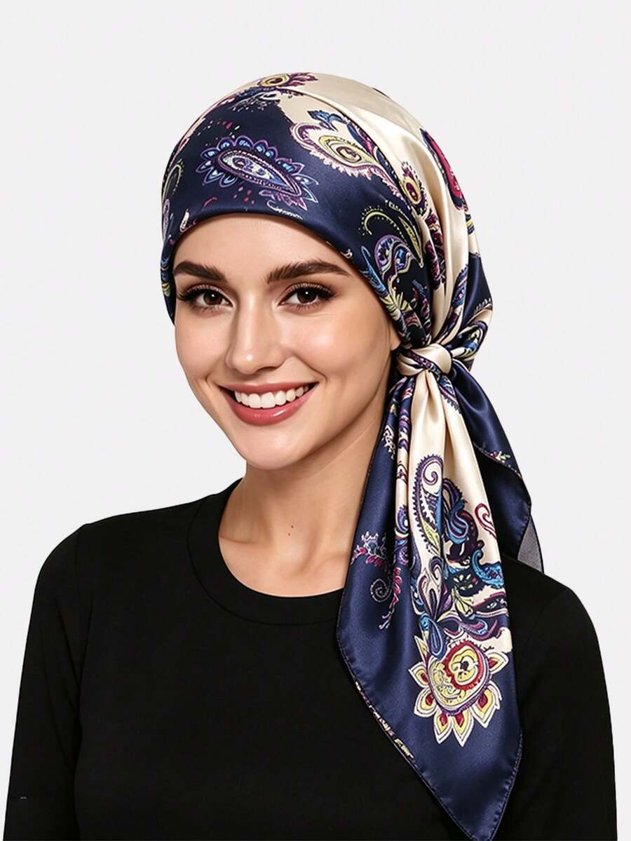 1 pieza Pañuelo para la cabeza con estampado floral de cachemira para mujer, sombrero envolvente, adecuado para uso diario - multicolor - Ver 1